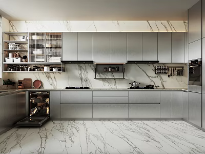 Modern Kitchen Interior Design With Marble Surfaces Silver Cabinets Wine Cooler And Appliances 3d model