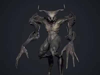 Horror Game Movie Character with Horned Head Skeletal Body Multiple Arms Sharp Claws Dark Design 3d model