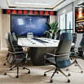Modern Conference Room Featuring Large Screen Conference Table Chairs Plants And City View Windows