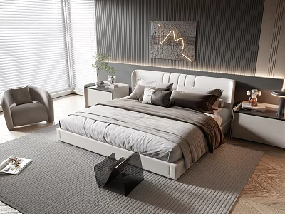 Modern Double Bed with Upholstered Headboard Accent Chair Abstract Wall Art and Nightstand 3d model