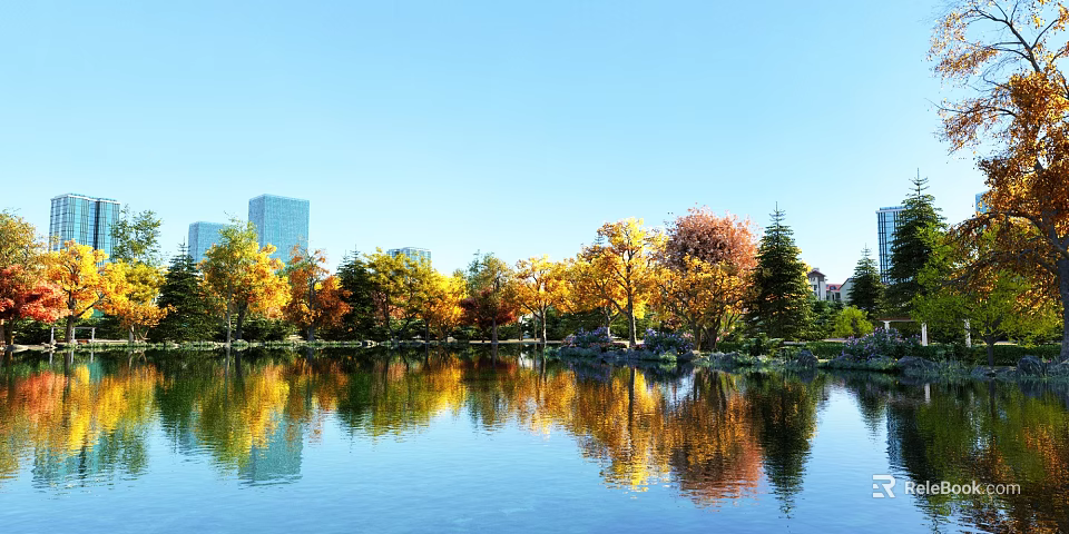 Scenic Autumn Landscape With Colorful Trees Lake Reflection And Distant City Buildings 3d model 