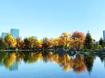 Scenic Autumn Landscape With Colorful Trees Lake Reflection And Distant City Buildings 3d model