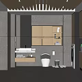 Modern Bathroom Interior With Grey Walls Wooden Ceiling Vanity Toilet And Washing Machine