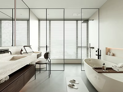 Modern Bathroom Interior Design With Glass Partition Bathtub Wooden Vanity And Window Blinds 3d model