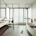 Modern Bathroom Interior Design With Glass Partition Bathtub Wooden Vanity And Window Blinds