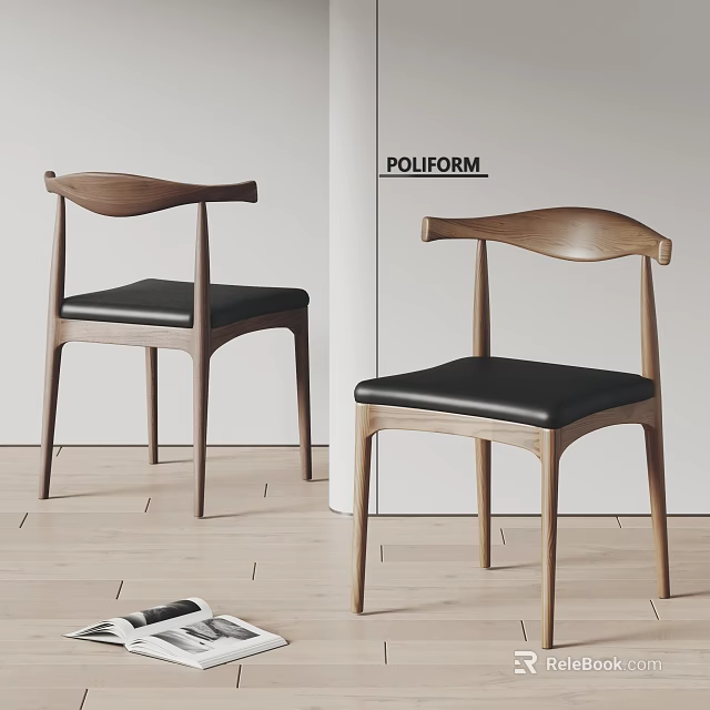 Modern Dining Chairs With Wooden Frame Black Leather Seat And Curved Backrest 3d model 