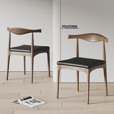 Modern Dining Chairs With Wooden Frame Black Leather Seat And Curved Backrest 3d model