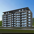 Modern Multi Storey Residential Building With Balconies Lush Lawn And Green Trees