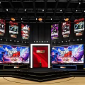 Esports Exhibition Booth with Large Screens Stage and Hanging Banners