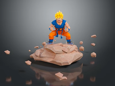Super Saiyan Game Character Blonde Hair Blue Shirt Orange Pants Standing On Rock With Debris 3d model