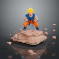 Super Saiyan Game Character Blonde Hair Blue Shirt Orange Pants Standing On Rock With Debris