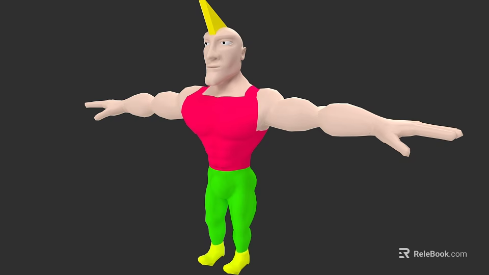 Man In Yellow Cone Hat Red Tank Top Green Pants Yellow Shoes With Arms Outstretched 3d model 