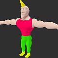 Man In Yellow Cone Hat Red Tank Top Green Pants Yellow Shoes With Arms Outstretched