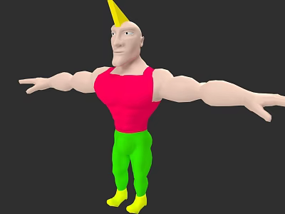 Man In Yellow Cone Hat Red Tank Top Green Pants Yellow Shoes With Arms Outstretched 3d model