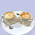 Two Cups of Coffee With Heart Shaped Foam Art On White Plate And Napkins Spoon
