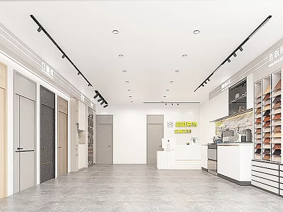 Modern Retail Showroom Interior With Product Display Shelves Lighting And Cashier Counter 3d model