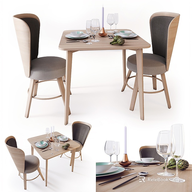 Modern Wooden Dining Table And Gray Upholstered Chairs Set With Plates Wine Glasses And Decor 3d model 
