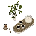 Elegant Tea Set with Teapot Cups on Wooden Tray and Green Plant in Vase