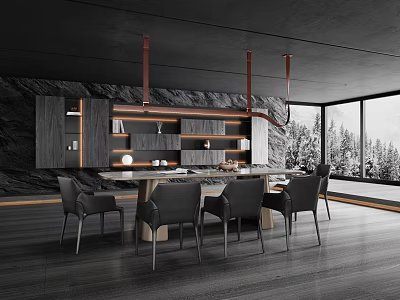 Modern Dark Restaurant Interior With Pendant Lights Wooden Dining Table And Large Windows 3d model