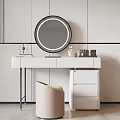 White Dressing Table with Round Illuminated Mirror Cosmetics and Beige Chair in Minimalist Room