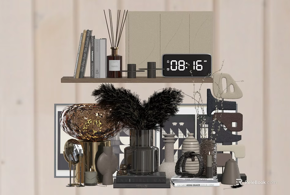 Decorative Ornament Set with Shelf Books Clock Aromatherapy Diffuser Feather and Geometric Accents 3d model 