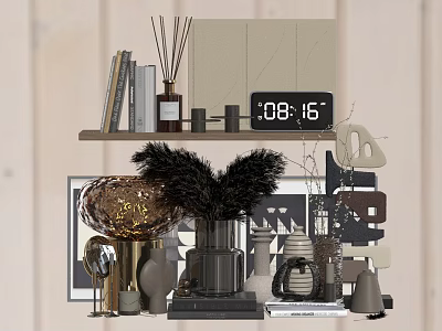 Decorative Ornament Set with Shelf Books Clock Aromatherapy Diffuser Feather and Geometric Accents 3d model