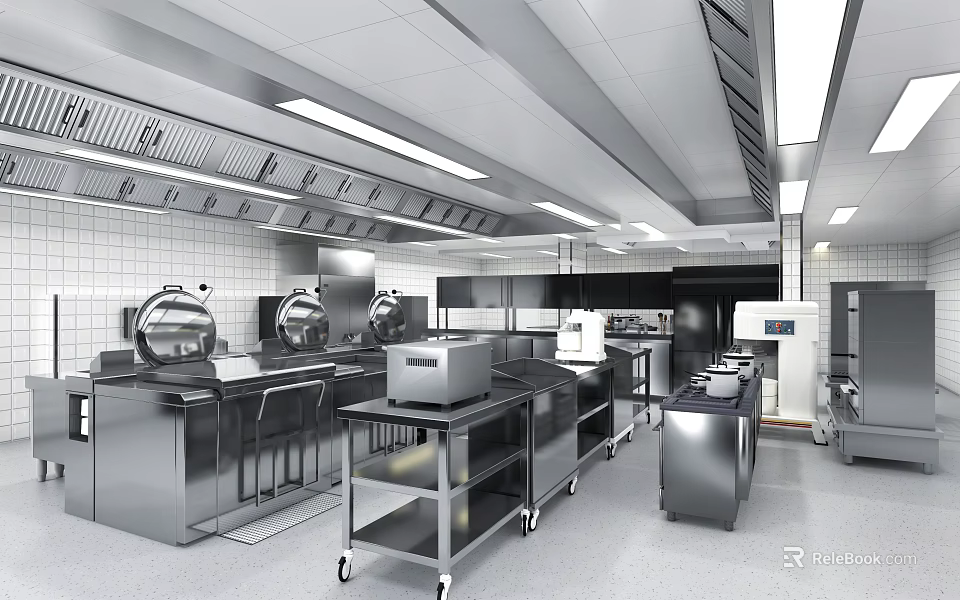 Professional Commercial Kitchen With Stainless Steel Appliances Workstations And Ventilation Systems 3d model 