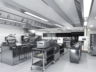 Professional Commercial Kitchen With Stainless Steel Appliances Workstations And Ventilation Systems 3d model