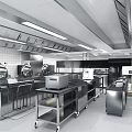 Professional Commercial Kitchen With Stainless Steel Appliances Workstations And Ventilation Systems