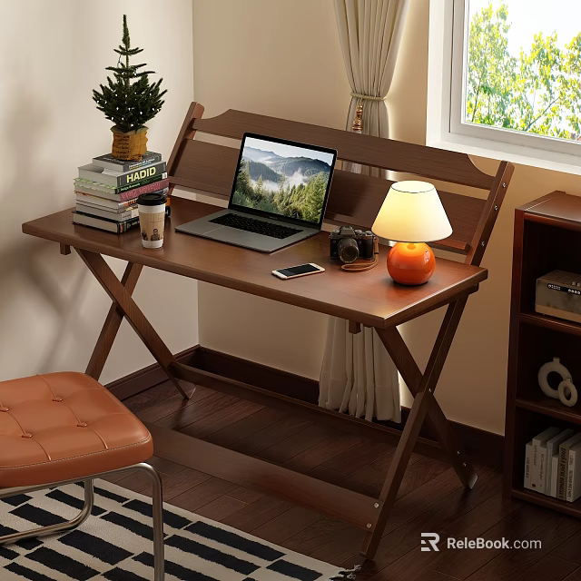 Wooden Desk and Chair Set with Laptop Lamp Books Camera for Home Office 3d model 