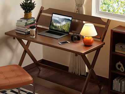 Wooden Desk and Chair Set with Laptop Lamp Books Camera for Home Office 3d model