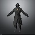 3D Sci Fi Game Character Design With Dark Long Coat Helmet And Armor Elements