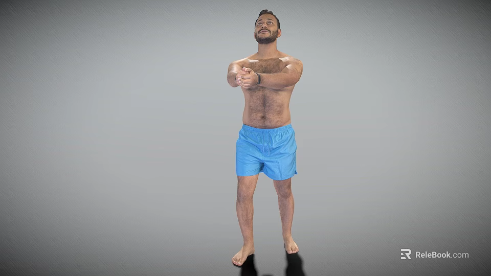 Shirtless Man in Blue Shorts Standing with Arms Stretched Forward Against Gray Background 3d model 