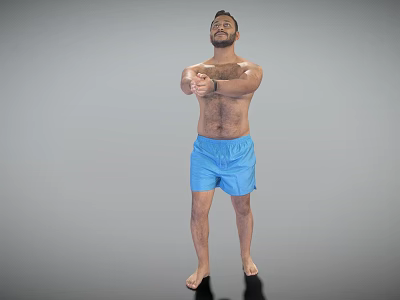 Shirtless Man in Blue Shorts Standing with Arms Stretched Forward Against Gray Background 3d model