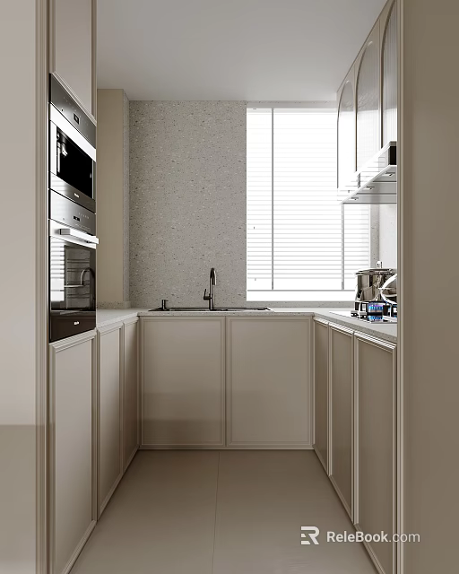 Modern Kitchen Interior With Light Colored Cabinets Sink Faucet Window Blinds And Oven 3d model 