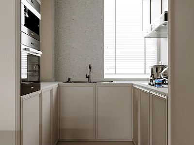 Modern Kitchen Interior With Light Colored Cabinets Sink Faucet Window Blinds And Oven 3d model