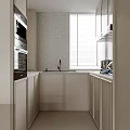 Modern Kitchen Interior With Light Colored Cabinets Sink Faucet Window Blinds And Oven
