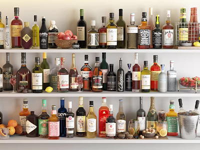 Wine Bottles And Glasses Display On Shelves With Various Types And Decorative Elements 3d model