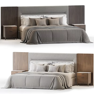Modern Double Bed With Upholstered Headboard Wooden Nightstands And Decorative Pillows 3d model