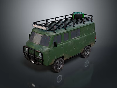 Green Off Road Van With Roof Rack And Cargo Bag On Top Exterior View 3d model