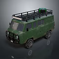 Green Off Road Van With Roof Rack And Cargo Bag On Top Exterior View