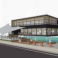 Modern Building Exterior With Large Glass Windows Black Walls And Terrace Red Lights Outdoor Seating