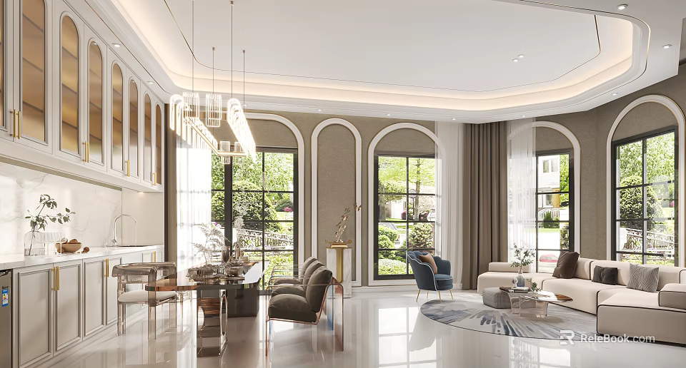 Elegant Modern Hotel Public Lounge Area With Comfortable Seating Large Windows And Chandeliers 3d model 