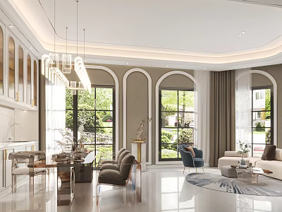 Elegant Modern Hotel Public Lounge Area With Comfortable Seating Large Windows And Chandeliers 3d model
