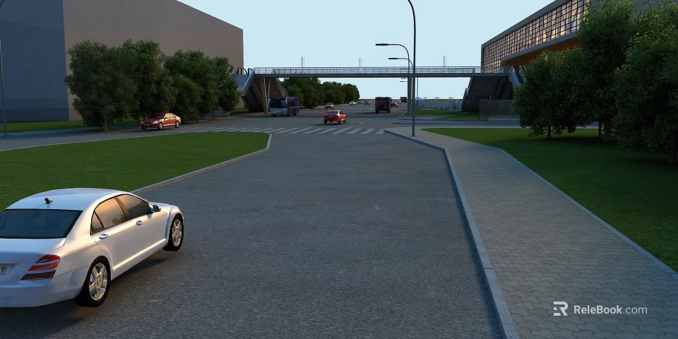Urban Road Infrastructure With Pedestrian Bridge Street Lights Vehicles And Landscaped Greenery 3d model 