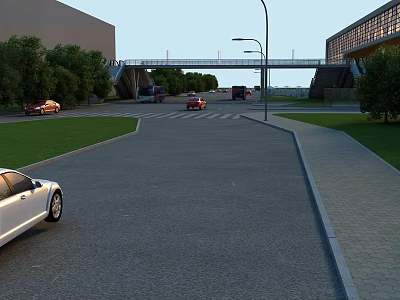 Urban Road Infrastructure With Pedestrian Bridge Street Lights Vehicles And Landscaped Greenery 3d model