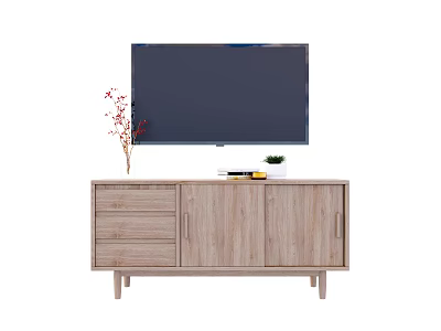 Light Wood TV Cabinet with Drawers Cabinet Doors TV Vase and Small Plant on Top 3d model