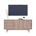Light Wood TV Cabinet with Drawers Cabinet Doors TV Vase and Small Plant on Top