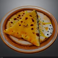Golden Brown Stuffed Flatbread With Charred Spots On Red Ceramic Plate