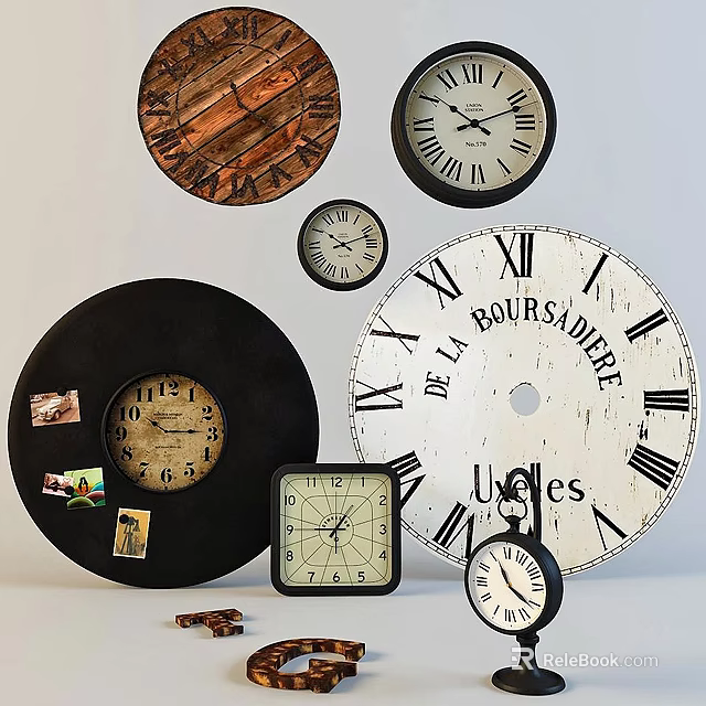 Vintage Decorative Clocks With Roman Numerals Various Sizes And Vinyl Record Designs 3d model 
